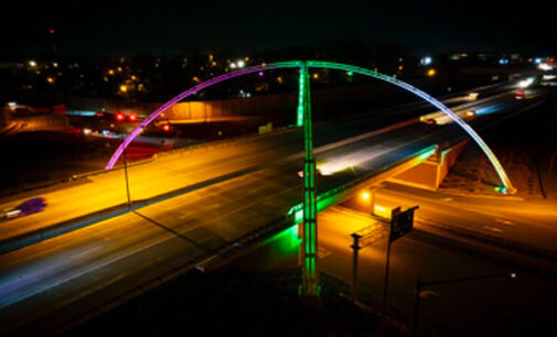 Twin Arches light up the sky in pink and green to mark the 100th anniversary of AKA Phi Omega chapter